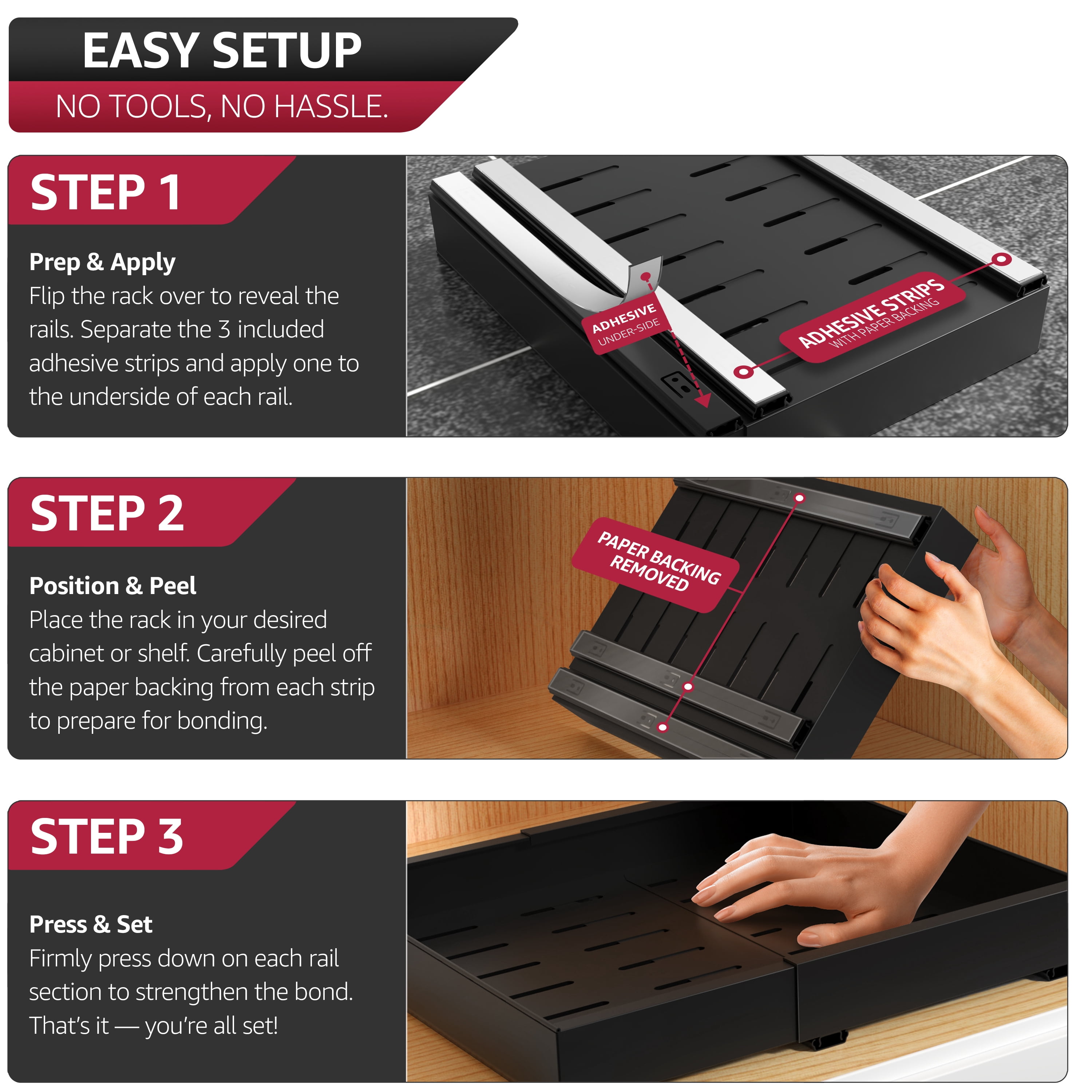 Sorbus Pull-Out Sliding Storage Rack, No-Drill Adjustable Shelf, Metal Grid Drawer, Black, 2 Pack