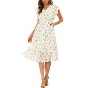 MODA NOVA Juniors Floral Chiffon Elastic Waist V Neck Ruffled Hem Dress