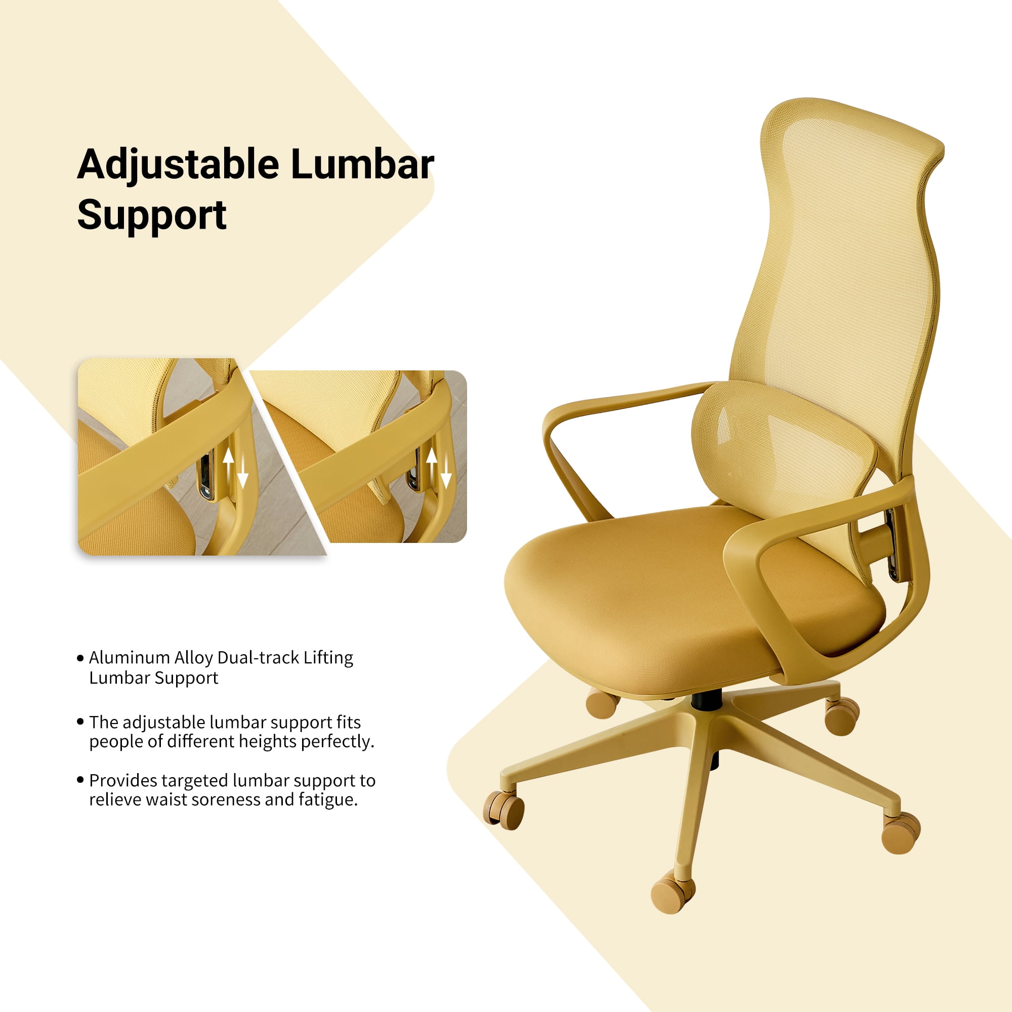 HOQBN Ergonomic Office Chair with 7-Level Adjustable Lumbar Support, Breathable Mesh High Back, Integrated Molded Foam Seat, 350lb Capacity, Yellow