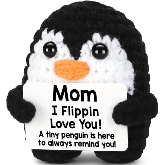 Cute Crochet Penguin Mom Birthday Gift from Daughter or Son, Funny "I Love You" Handmade Small Desk Decor for Mother's Day