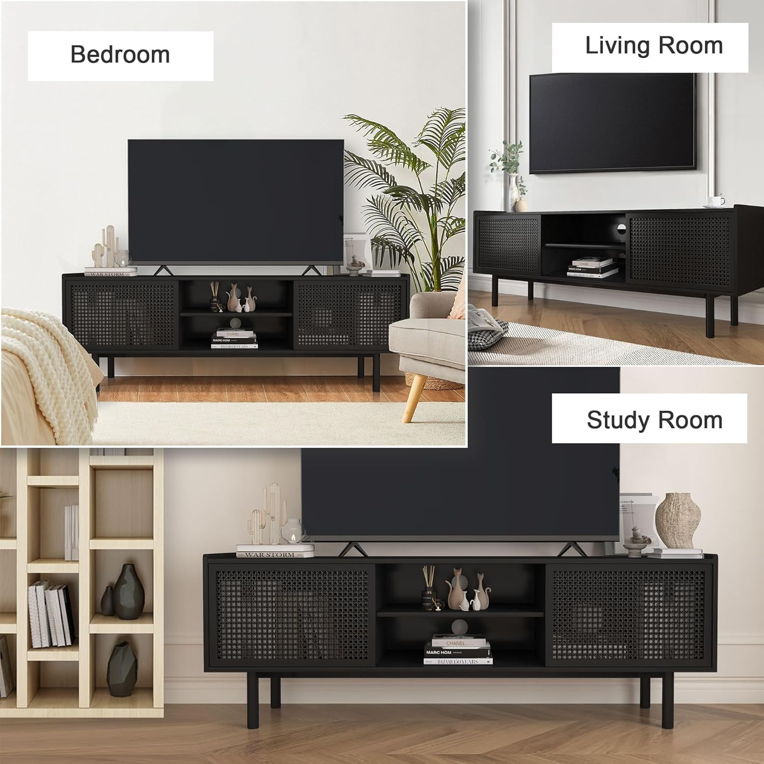 Weselon TV Stand for 70" TVs, Iron Rattan Storage Cabinet