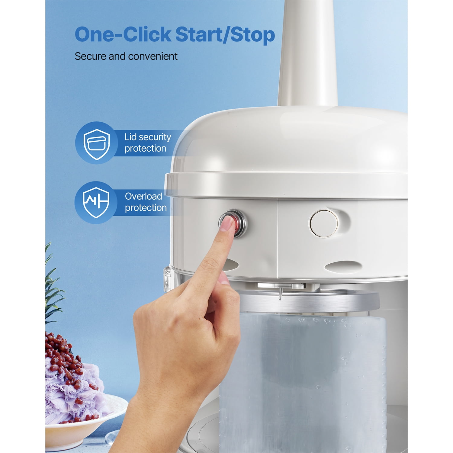 KFFKFF Electric Ice Shaver and Crusher, 220lbs/hr Fluffy Ice & Snow Cone Maker, 250W 1500RPM Tabletop Shaved-Ice Machine for Home, Events, and Snack Bars (White)