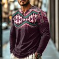 thumbnail image 3 of FGVCTG Mens T-Shirts Color Block Aztec Western Long Sleeve Henley Tops Button Neck Tee Loose Pullover Top for Casual Outings Daily Pink S, 3 of 8