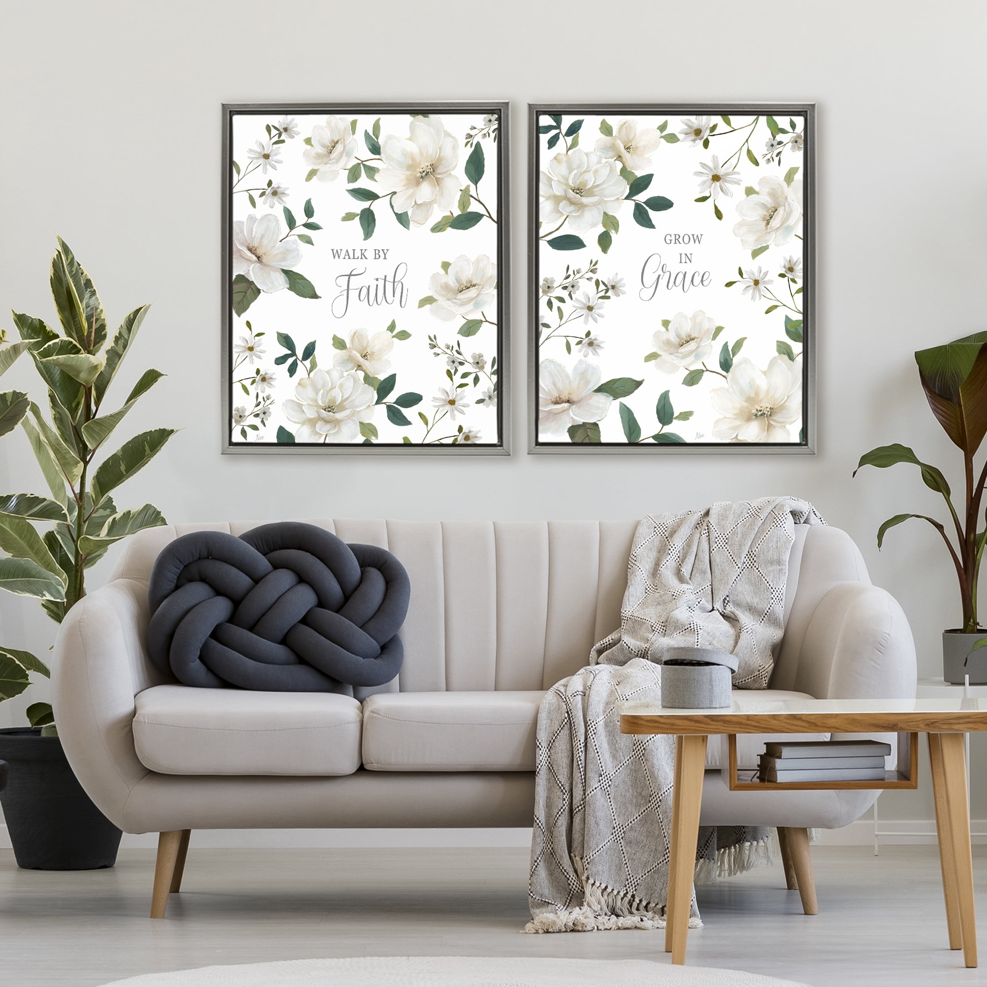 Stupell Industries Spiritual Faith Sayings with Florals 2 Piece Gray Framed Floater Canvas Set, design by Nan