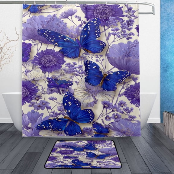 TTYFWHD 60" x 72" Shower Curtain and Bath Mat Set Blue Butterflies and Wildflowers Waterproof Bathroom Curtain with 12 Hooks, Bathroom Decor Set