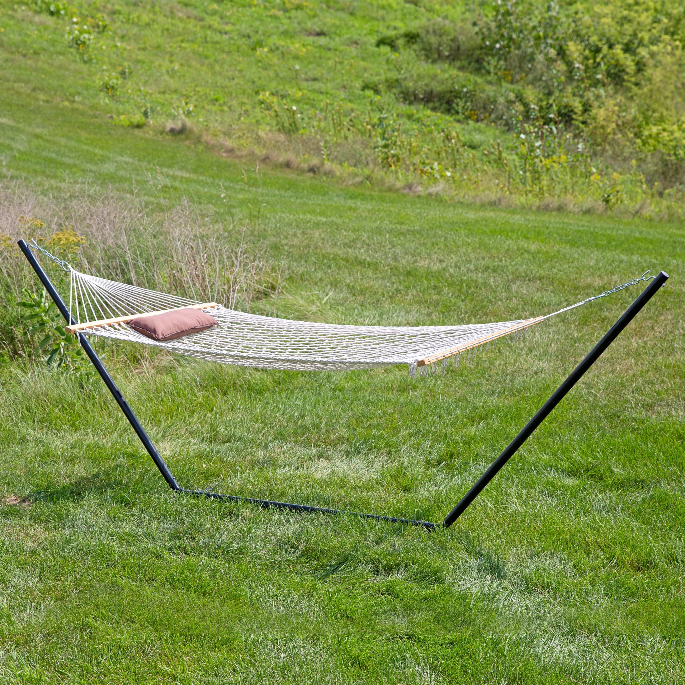 Sunnydaze 2-Person Polyester Rope Hammock with Stand and Pad, 275 lb Capacity - Desert Stripe