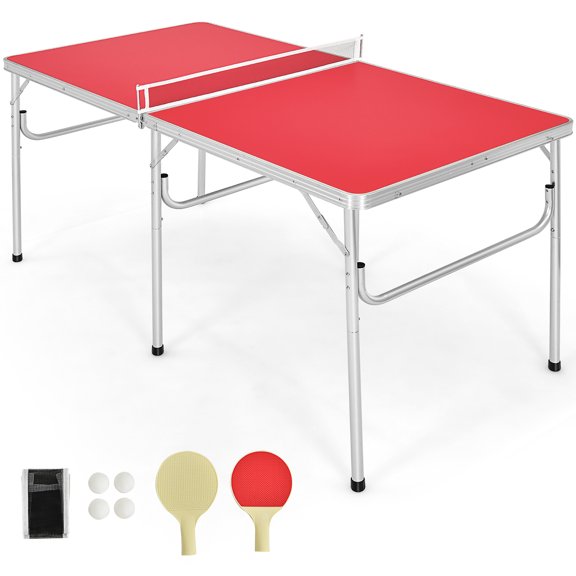 Costway Portable Folding Table Tennis Table with Accessories Indoor Game, 60 inch, Red