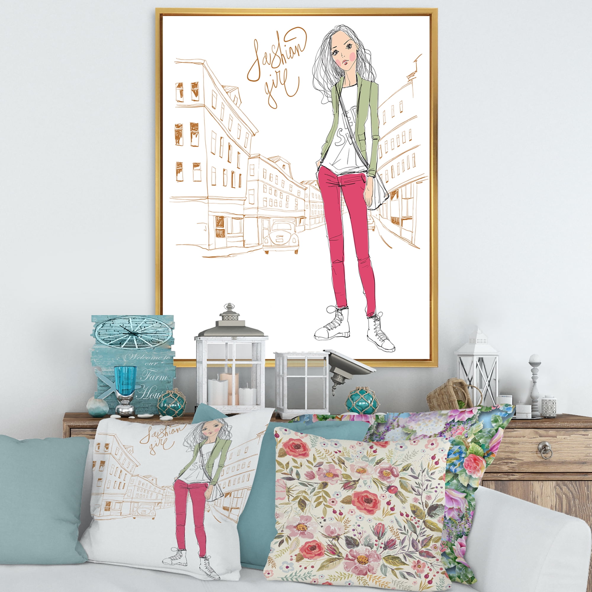 Designart 'Trendy Fashion Woman II' Children's Art Framed Canvas Wall Art Print