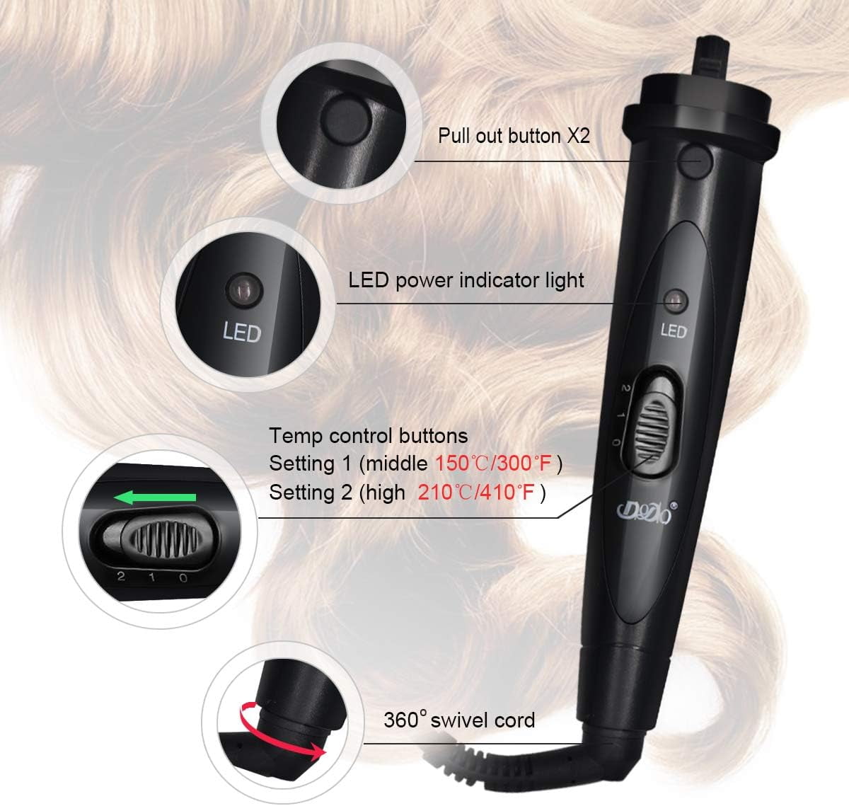 5 in 1 Ceramic Barrel Automatic Rotating Curling Iron, LED Light Temp Control, Curling Wand Fast Heat Up, Auto Shut Off for Waves, Beach Curls for Women & Girls, Ideal Gift