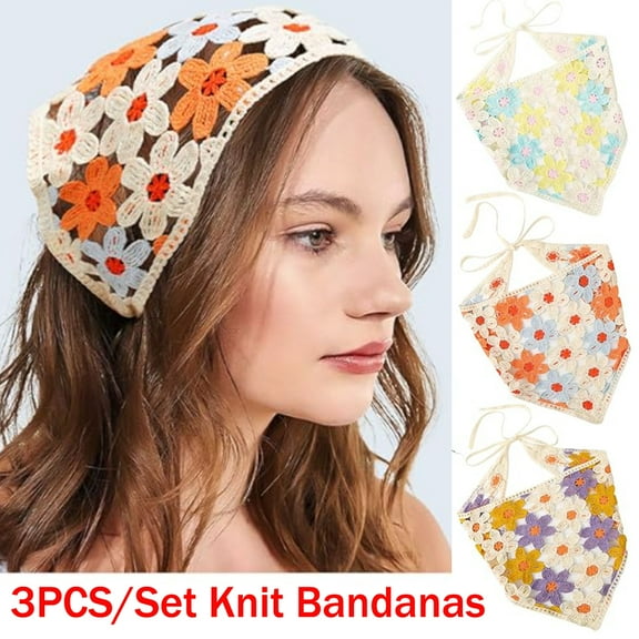 3PCS Crochet Head Scarf Hair Bandanas, Women Knit Bandana Headband Scarf, Tie-Back Head Coverings Floral Headscarf for Girls