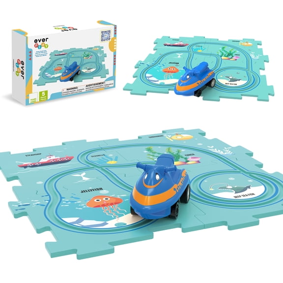 EverPlay Race Car Track Puzzle Ocean Themed Construction Set with Motorized Vehicle, STEM Learning Toy, Educational Building Playset for Kids