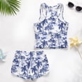 thumbnail image 6 of COEQINE Two Piece Taniki Swimsuit for Girls, Round Neck Top with Shorts Racerback Swimwear with Chest Pad, Modest Bathing Suit for 6-7 Year Olds, Easy Care, Blue White Palm Tree, 6 of 8