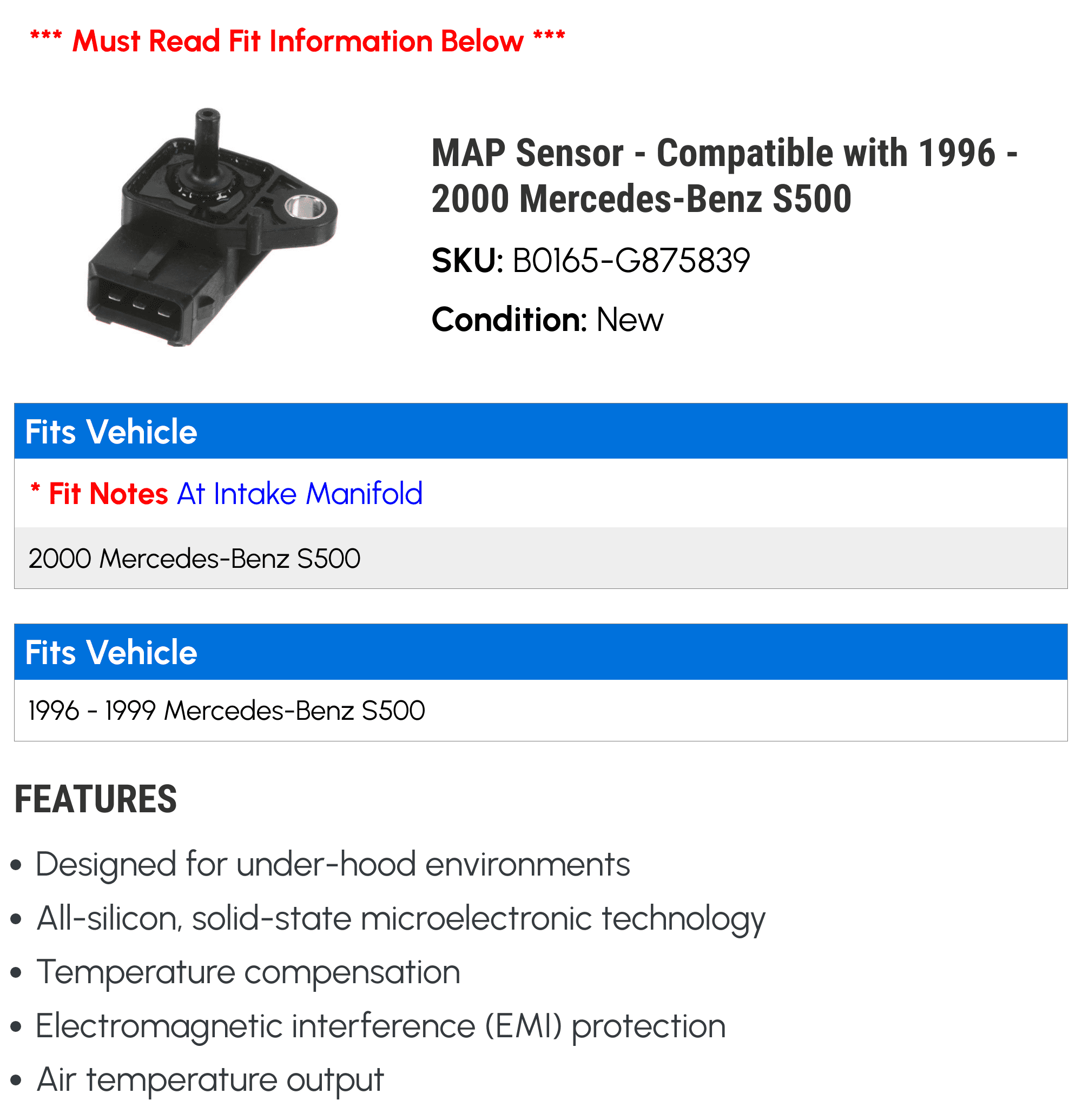 MAP Sensor - Compatible with 1996 - 2000 Mercedes-Benz S500 1997 1998 1999