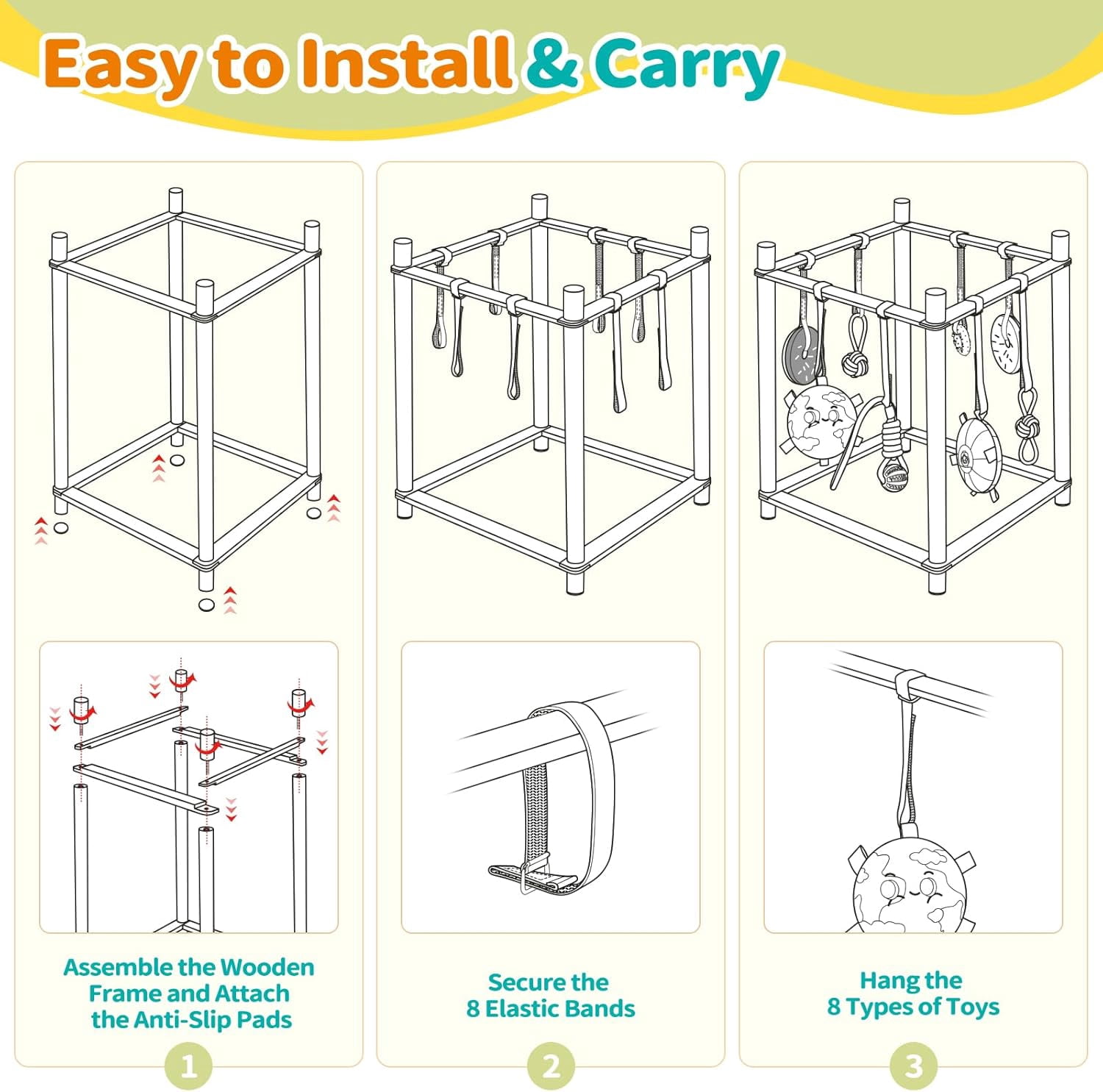 Wooden Puppy Play Gym for Small Dogs, Puppy Jungle Gym with 8 Hanging Toys, Wood Frame Indoor Puppy Gym with Dog Enrichment Toys for Puppies and Small Pets