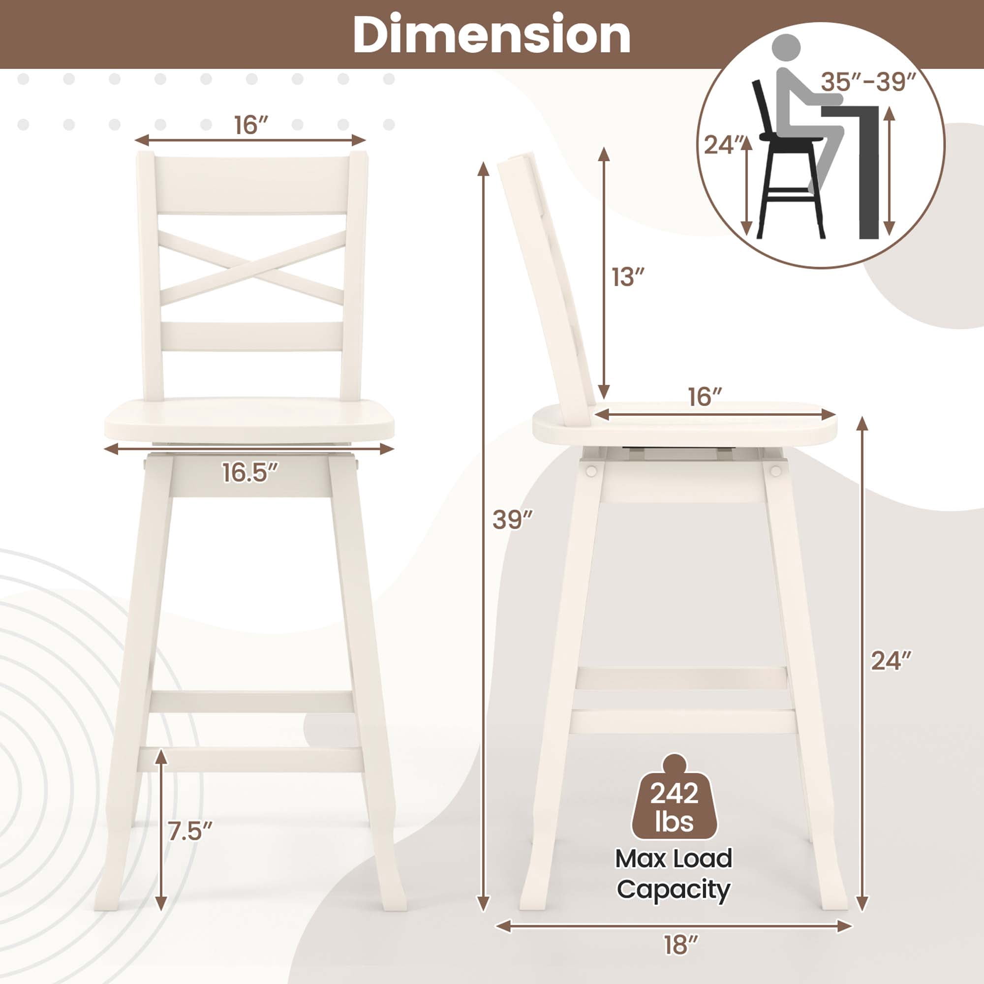 Costway Swivel Inclined Backrest Bar Stools, White (Set of 2)
