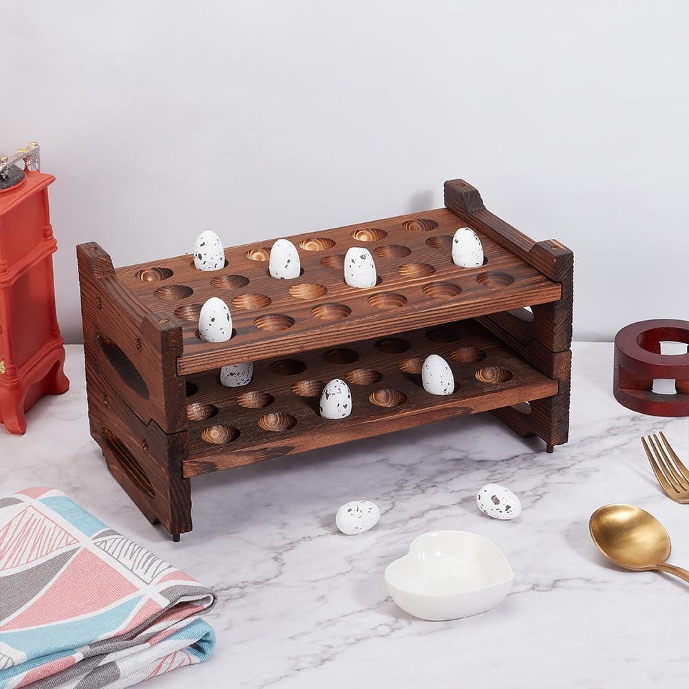 48 Slot 2 Tier Stackable Wooden Quail Egg Holder Rack Rustic Brown Egg Organizer for Kitchen Storage DisplayCoconut Brown