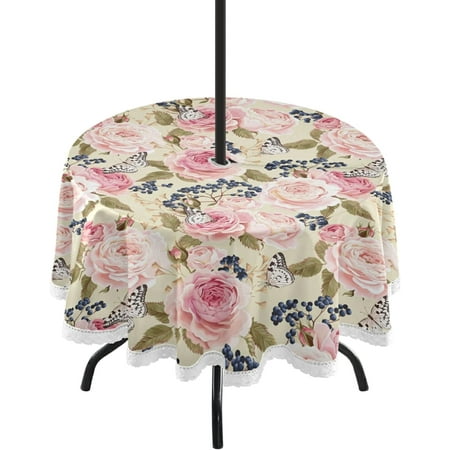 

SKYSONIC Rose Butterfly Round Tablecloth 60 Waterproof Outdoor Tablecloth with Umbrella Hole and Zipper for Kitchen Dining Picnic Party Home Decor