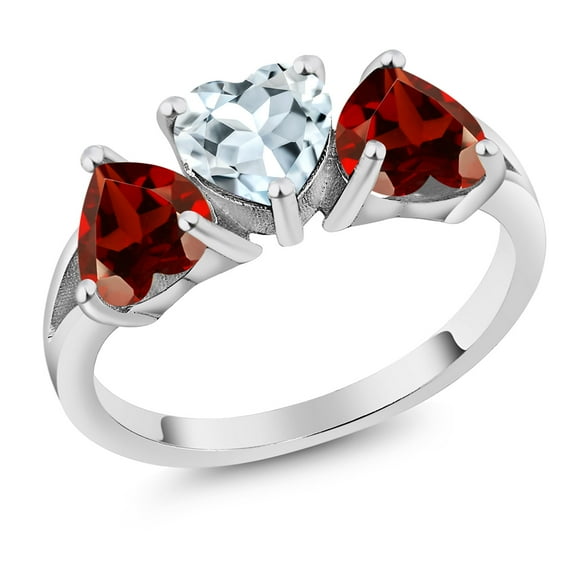 Gem Stone King 2.73 Ct Heart Shape Sky Blue Aquamarine Red Garnet 925 Sterling Silver Ring (Size 7)