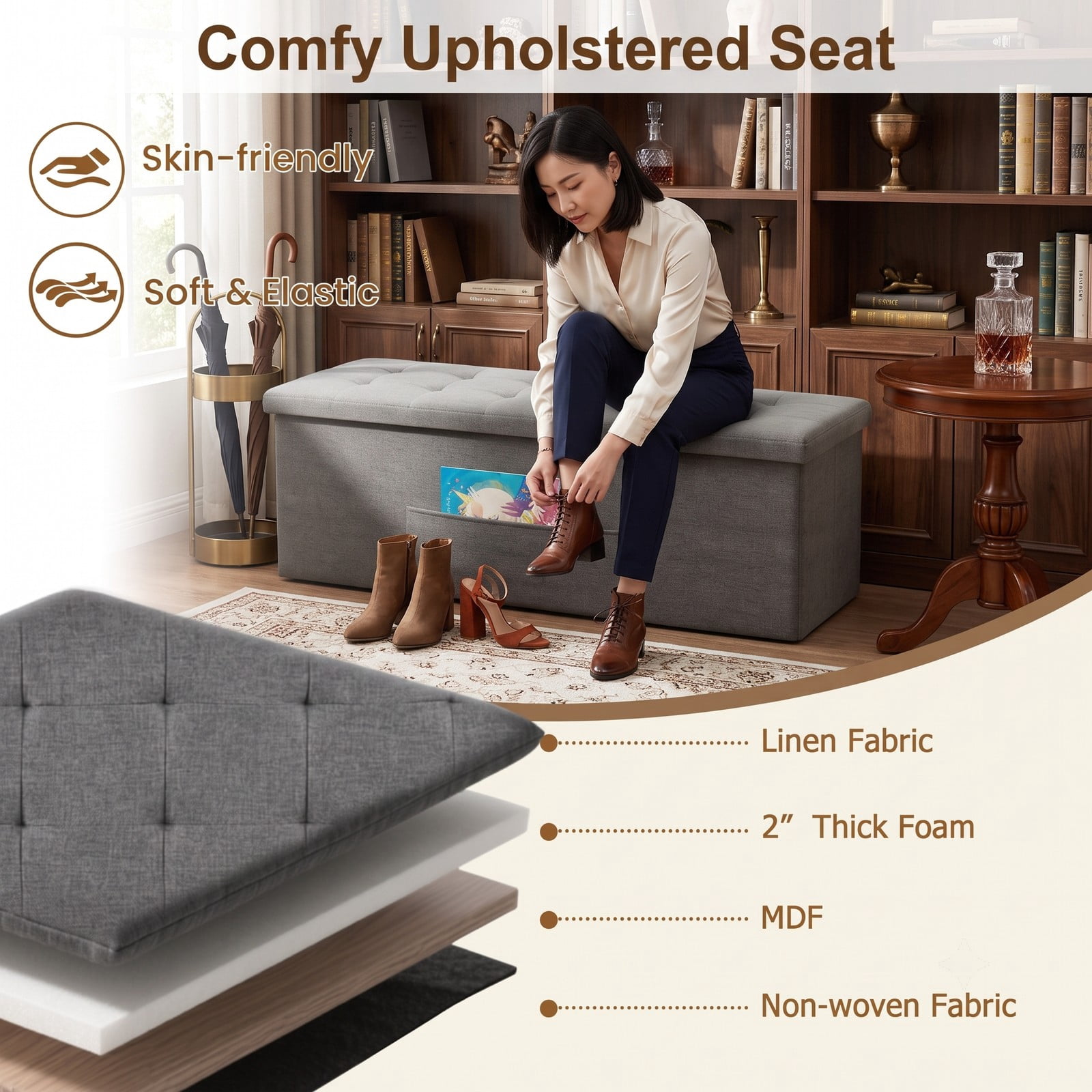 Furnibear 43 Inch Folding Linen Storage Ottoman Bench with Padded Seat and Divider for Living Room, Bedroom and Entryway, Dark Gray