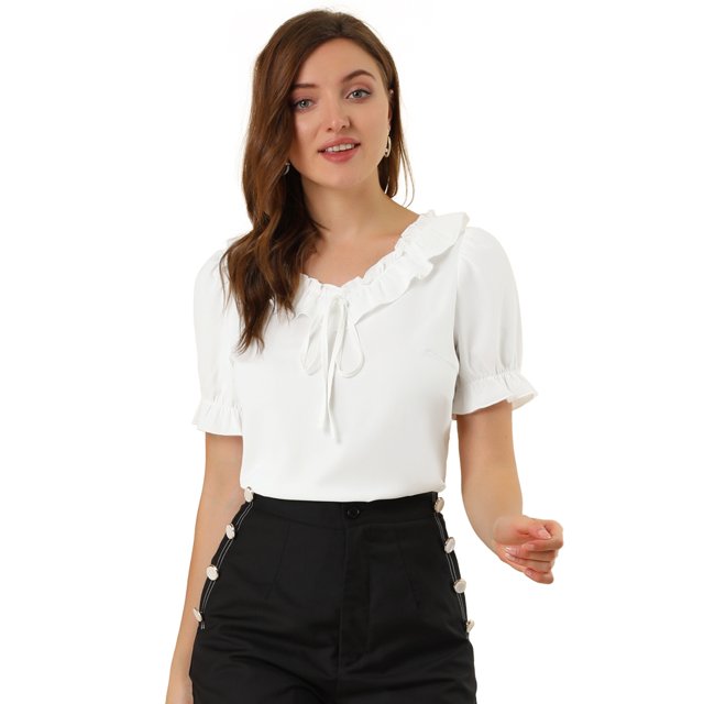 Allegra K Blusa casual con cuello en V y cuello con volantes para mujer blanco M