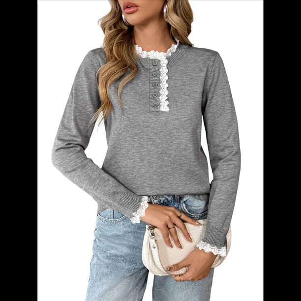 Suéteres de Cuello Redondo con Botones para Mujer, Suéteres Acogedores, Blusas de Larga, Conjuntos de Otoño Gris S
