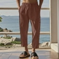 thumbnail image 2 of hotojiny Mens Cotton Linen Pants Elastic Waist Drawstring Summer Cropped Trousers Loose Fit Side Button Beach Pants with Pockets, 2 of 4