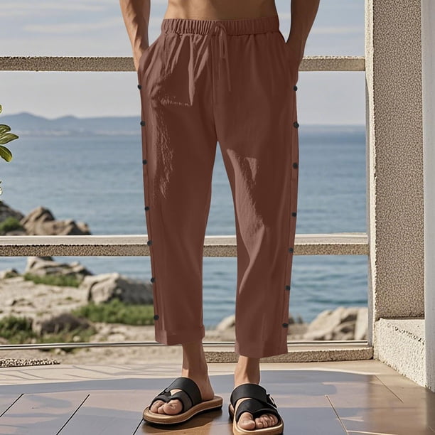 Pantalones largos para hombre, informales, de vacaciones, con bolsillo, cordón, color liso, cintura elástica, pantalones cortos para hombre