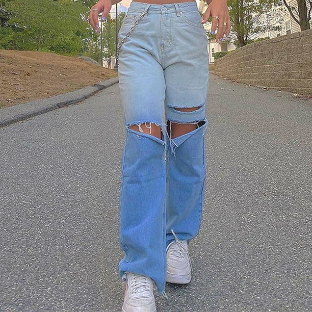 Wide Leg Jeans For Women Loose Pants High Waist Casual Large Size Straight  Pants Straight Jeans Streetwear (Color : Blue, Size : Medium)