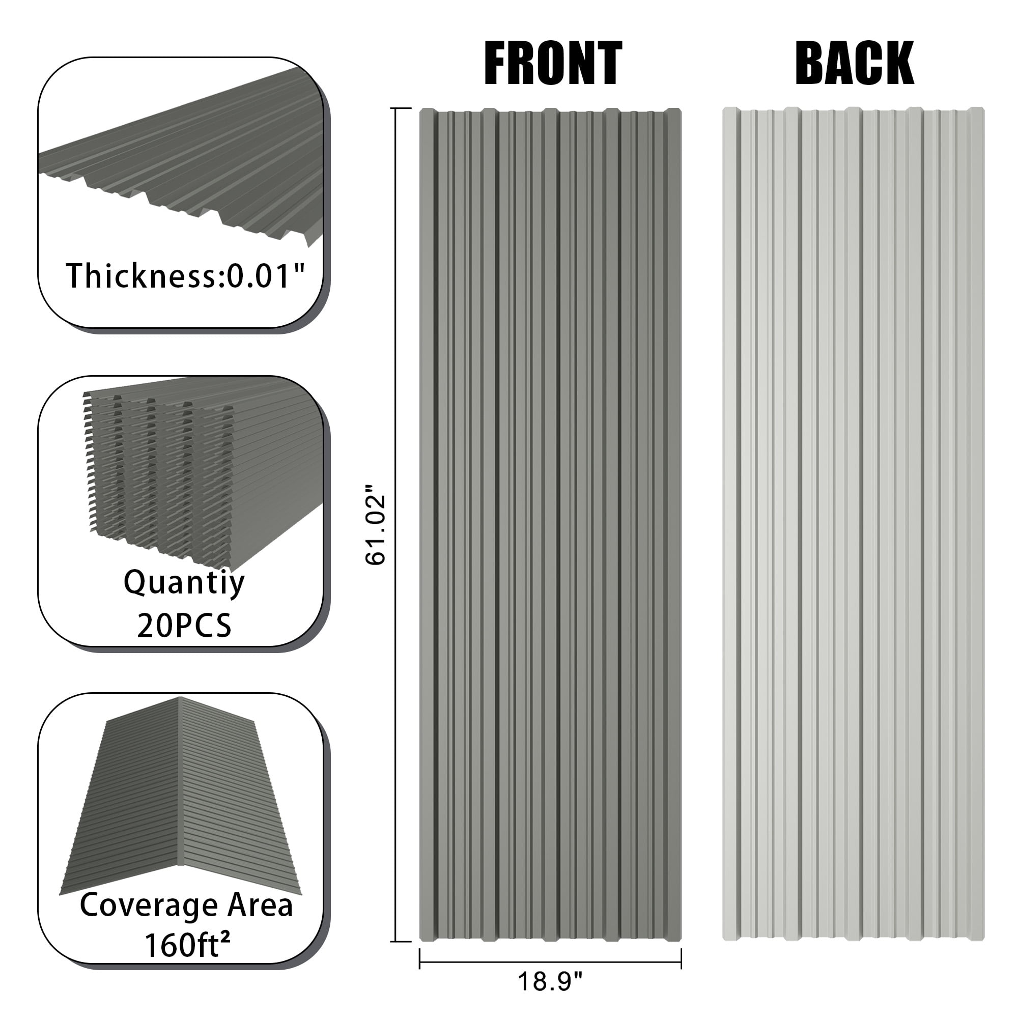 Roof Panel, 61x18 Inch 20 Pack Galvanized Steel Sheet for Garden Shed Gazebo Outdoor Building, Grey