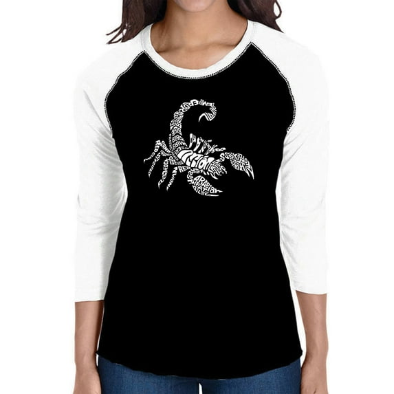 LA Pop Art Women's Raglan Baseball Word Art T-shirt - Types of Scorpions