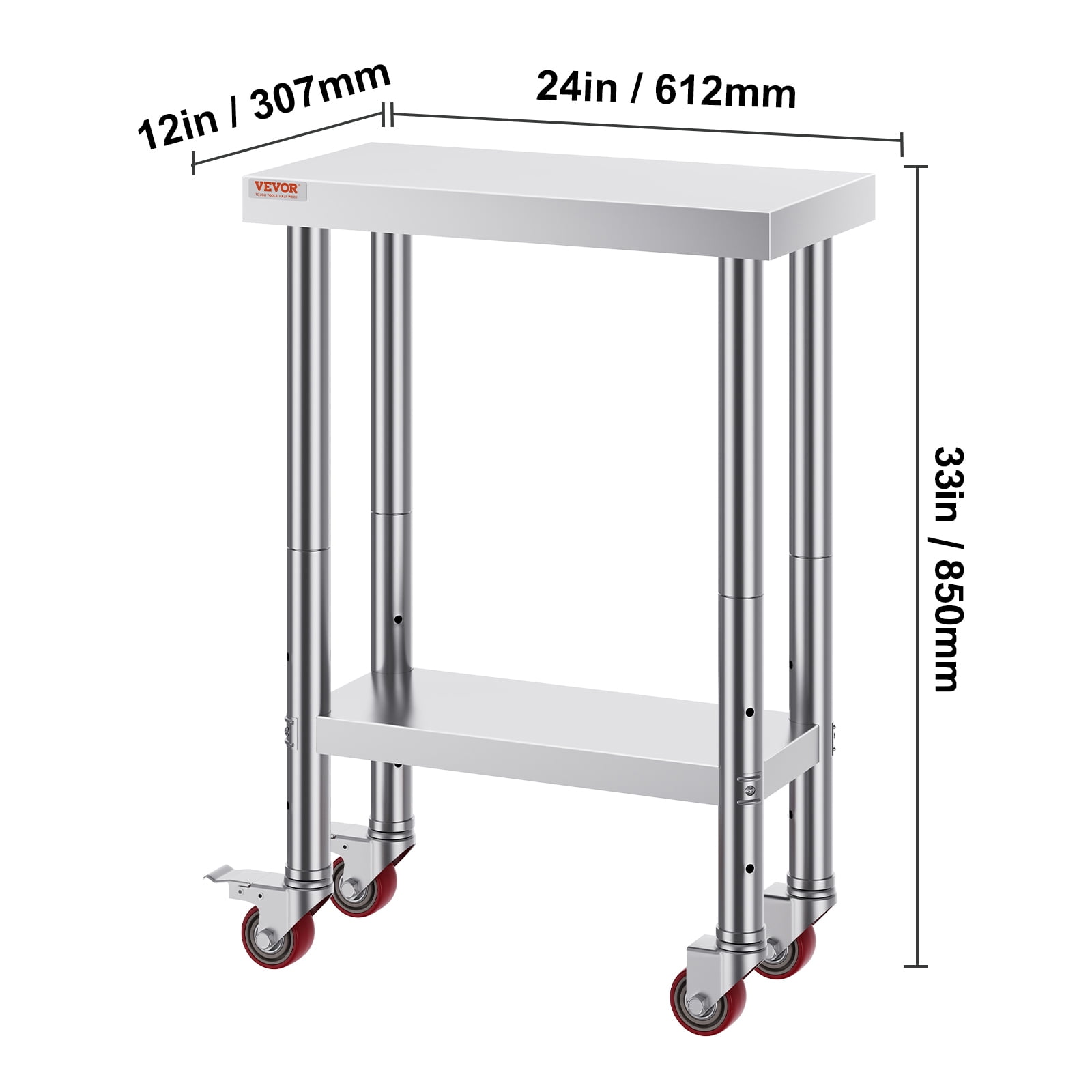 VEVOR Stainless Steel Work Table 12 x 24 x 34 Inch, 700 LBS Load Capacity with 4 Wheels, 3 Adjustable Height Levels, Heavy Duty Food Prep Worktable for Commercial Kitchen Restaurant, Silver