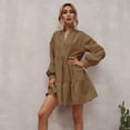 thumbnail image 2 of PIKADINGNIS Solid Long Sleeve Loose Casual Dress Women Autumn Ruffles Pink Green Mini Dresses Woman New V-Neck Pleated Dress, 2 of 6