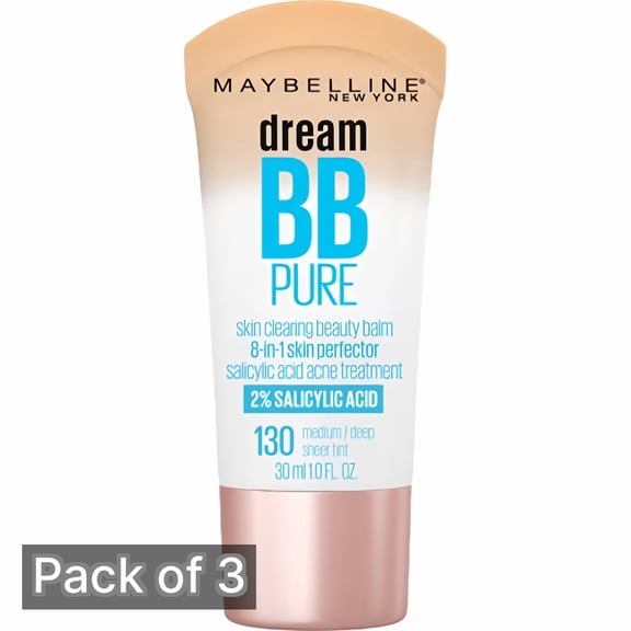 Maybelline Dream Pure Skin Clearing BB Cream, 130 Medium/Deep 1 fl oz (Pack of 3)