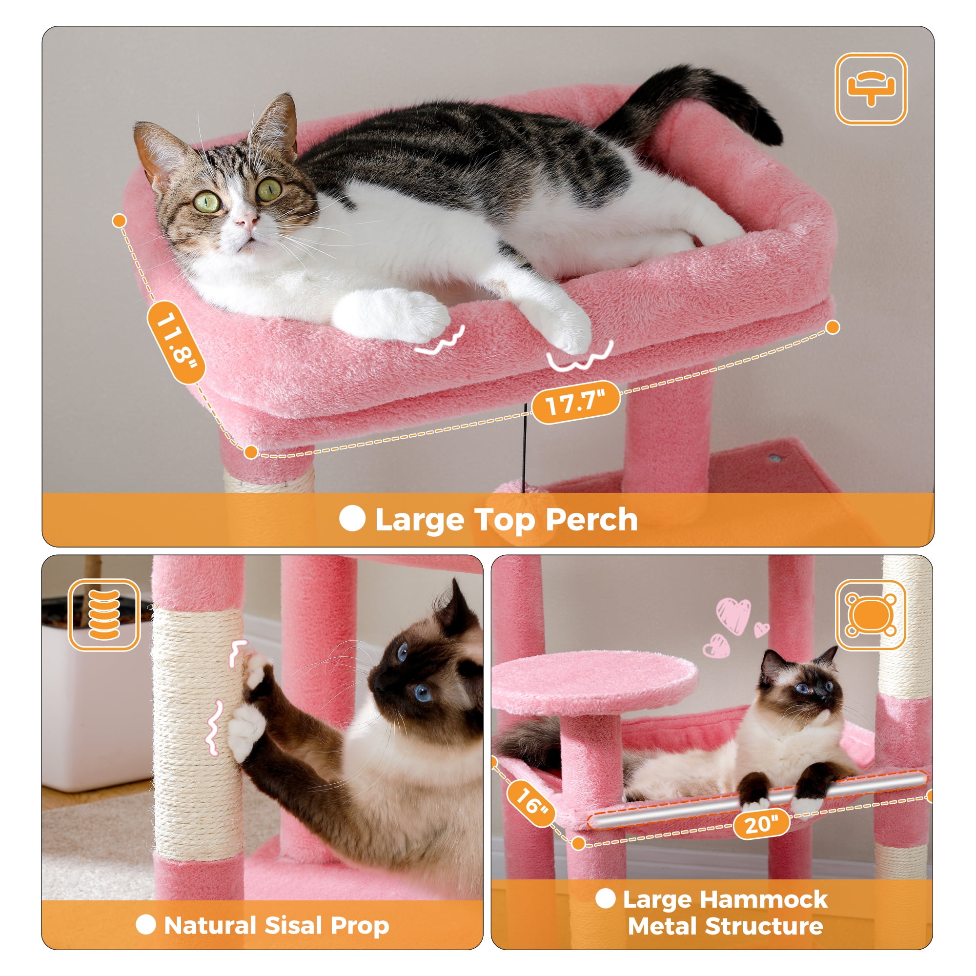 Kadyn 56" Wood Cat Tree Tower for Large Cats, Cat Tree House for Indoor Cats with Cozy Cat Condo, Super Large Hammock and Plush Perches, Pink