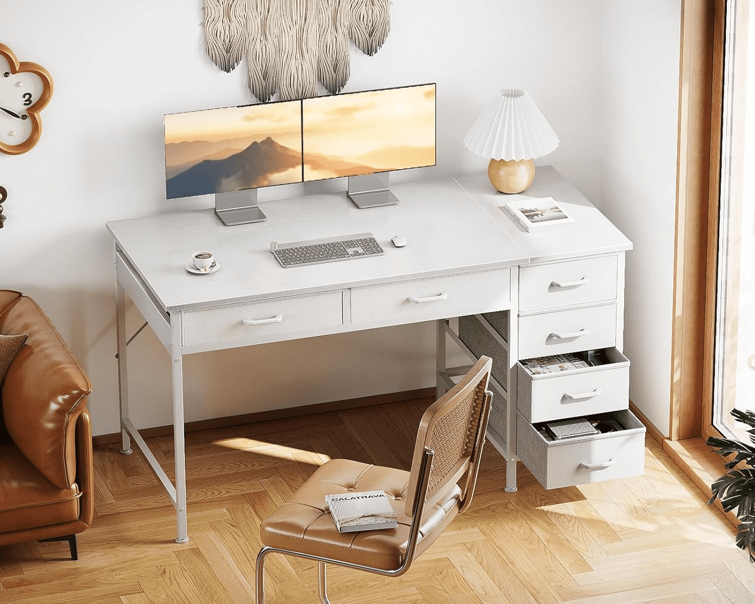 48-Inch Computer Desk with 6 Drawers and Reversible Storage – Suitable for Home Office, Bedroom, Work, and Study (White)