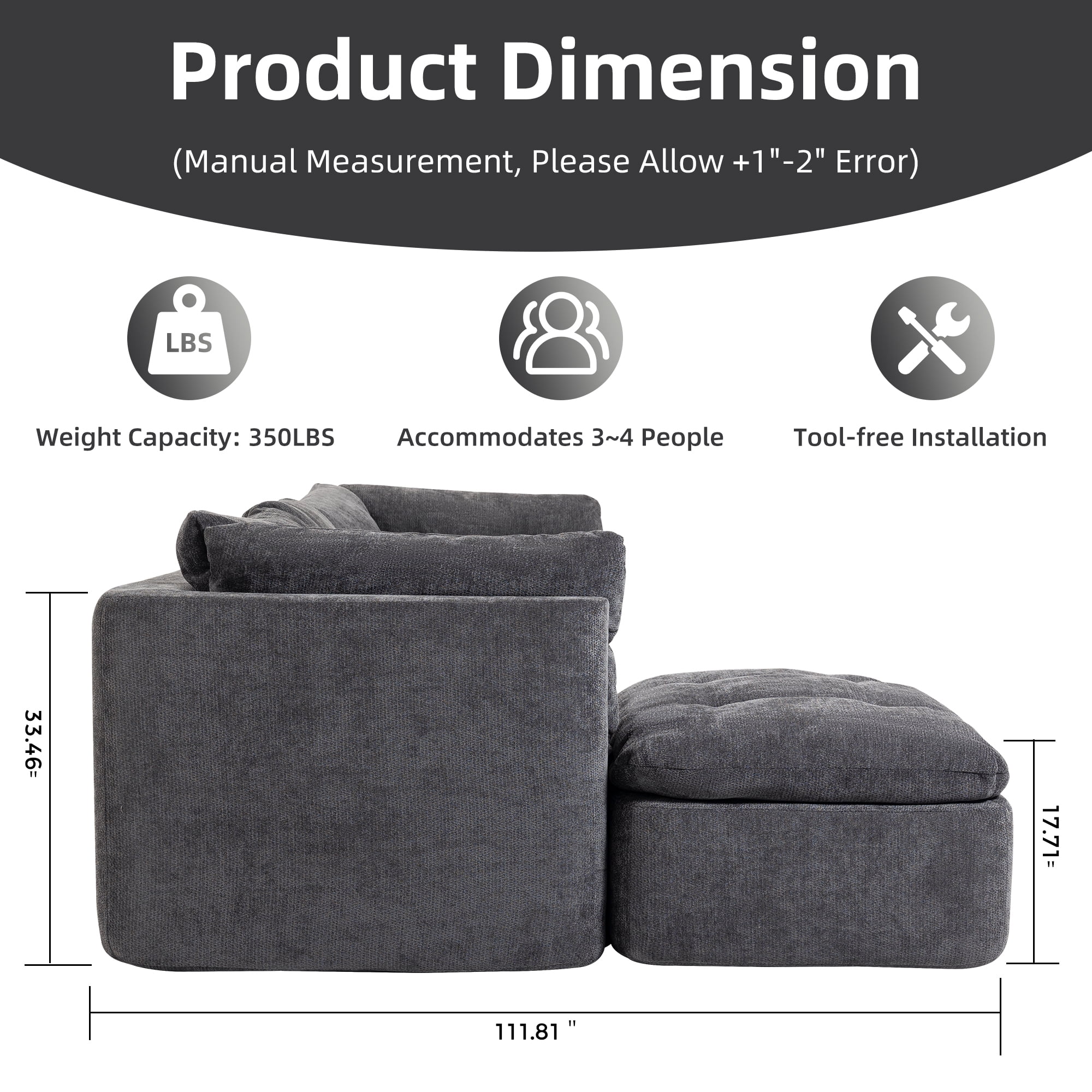 AISWORD Modular Sectional Sofa, Deep Seat Cloud Couch with Ottoman, 4-Seater Convertible L-Shaped Chenille Fabric Couch, Oversized Comfortable Frame-Free Set for Living Room, No Assembly, Grey