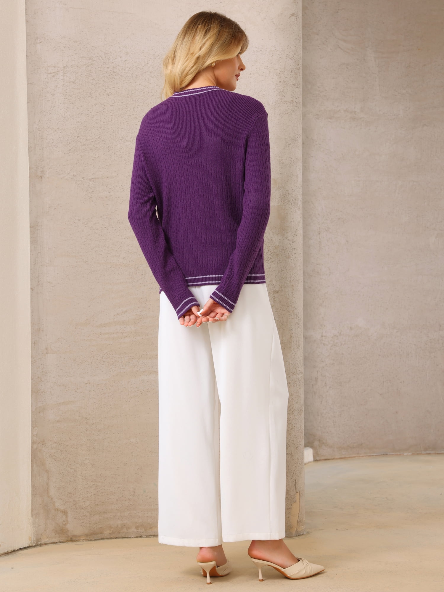 DARING DIVA Women's Contrast Trim Knit Ribbed Cardigan Sweater M Purple