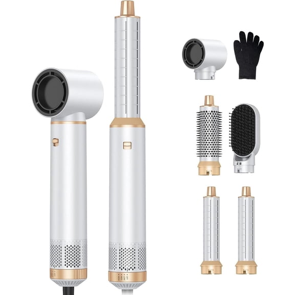 CNV All-in-One Hair Styler Kit, 5 Interchangeable Attachments, Negative Ion Blow Dryer Brush for Salon Results, White & Gold