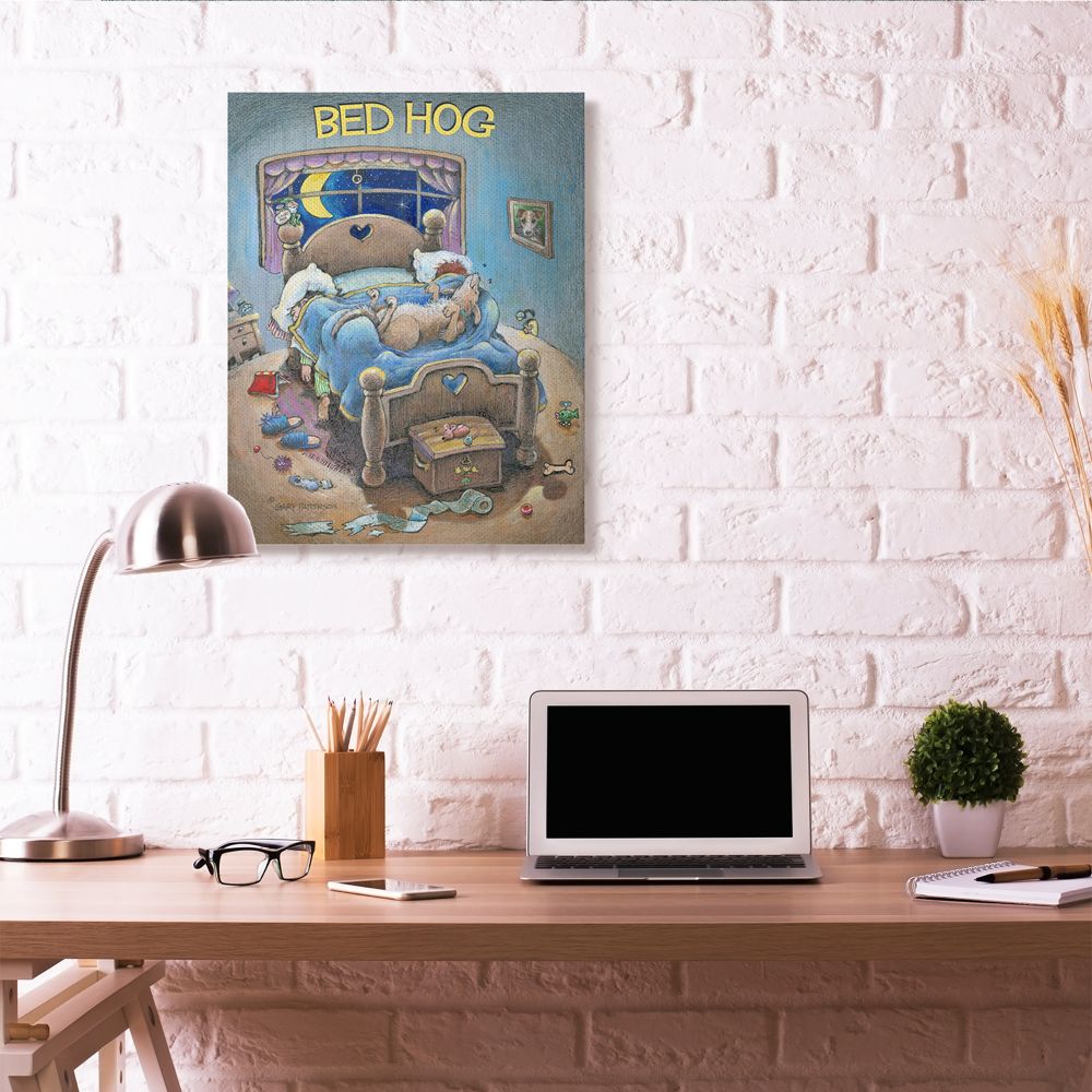 Bed Hog Funny Pet Dog Cartoon Design XXL Stretched Canvas Wall Art by Gary Patterson