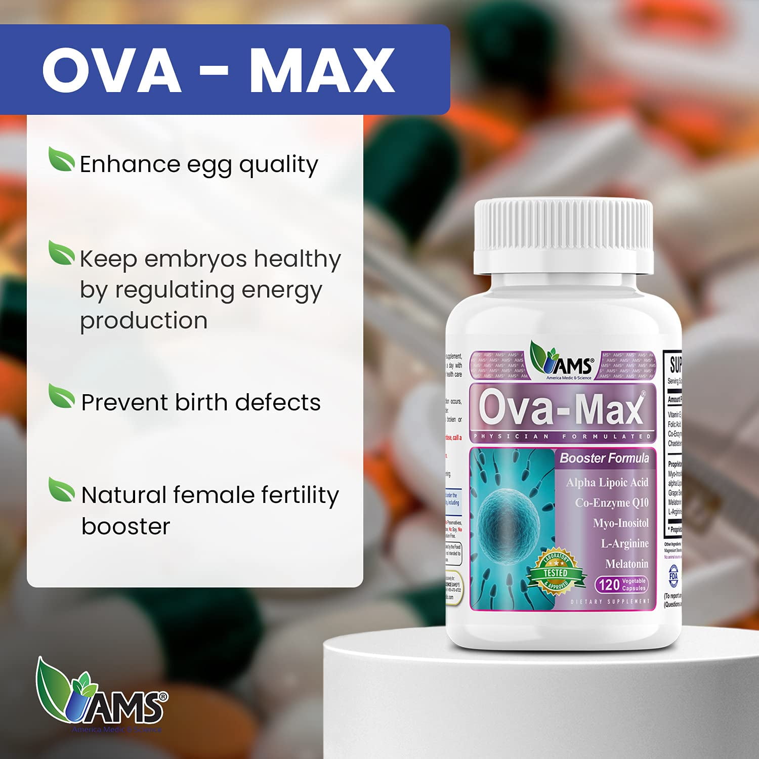 America Medic & Science Ova-Max Prenatal Vitamins for Women (120 Capsules) Boosts Fertility and Ovulation | Pregnancy Aid and Female Preconception Supplements with CoQ10, Folic Acid, and Myo-Inositol