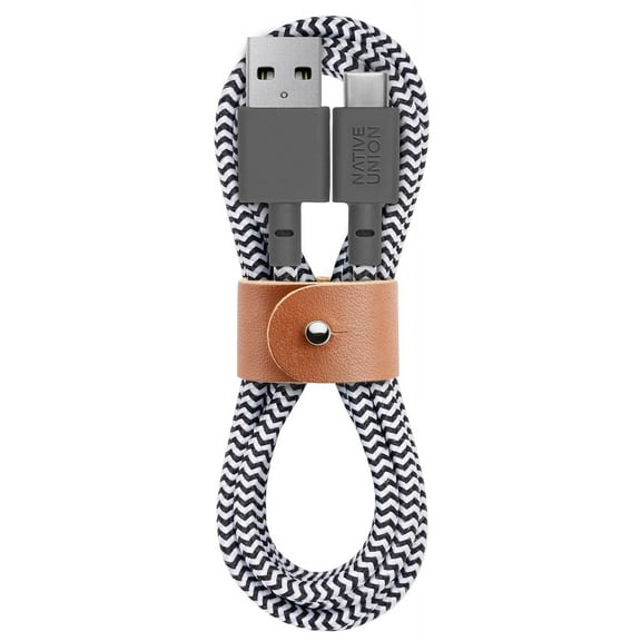 Native Union Belt Cable USB-C to USB-A - 4ft Ultra-Strong Cable with Leather Strap (Zebra)