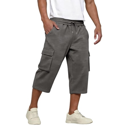 Athletic Workout Cargo Shorts Mens Khaki Shorts Casual Stretch Classic Drawstring Elastic Waist Summer Work Short with Multi Pockets Gray M