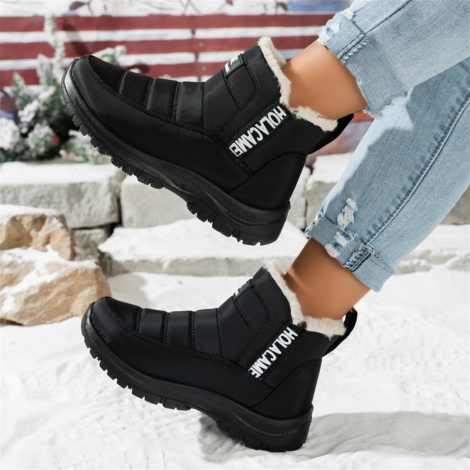 Willtoo Women Winter Boots Warm Fur Lined Ankle Bootie Slip on Platform Anti-Slip Plush Outdoor Hiking Walking Shoes Black