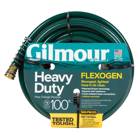 Gilmour Flexogen 100ft Heavy Duty Garden Hose, 5/8" All-Weather Water Hose with Crush-Resistant Brass Fittings, 500 PSI Burst Strength, Kink & Leak Resistant
