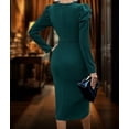 thumbnail image 4 of Dress for Women Round Neck Solid Color Side Split Bodycon Cocktail Long Sleeve Party Midi Dress Dark Green L, 4 of 7
