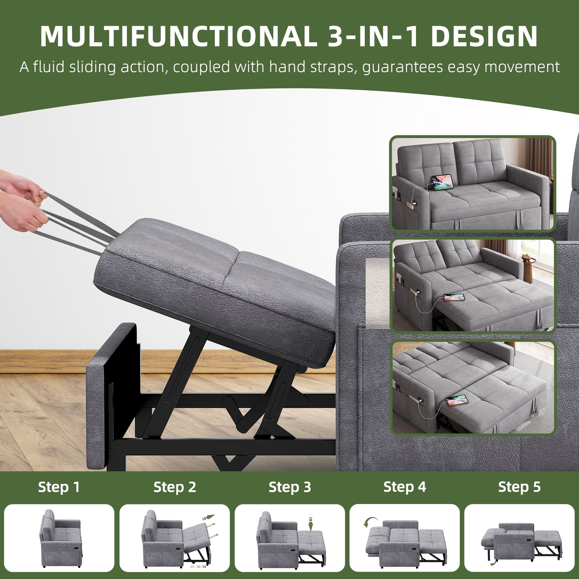Uforic 3-in-1 Convertible Futon Sofa Bed, Modern Couch Cat-Scratch-Proof Loveseat Sleeper for Small Place, Gray