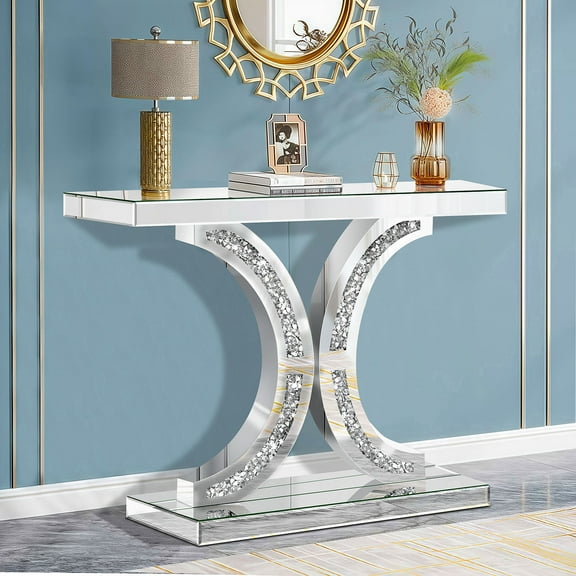 GA Home Silver Mirrored Console Table with Crushed Diamond Inlay, 39.4'' Long Glass Entryway Sofa Table, C-Shaped Base Modern Accent Narrow Table for Living Room, Hallway, Foyer, Entrance