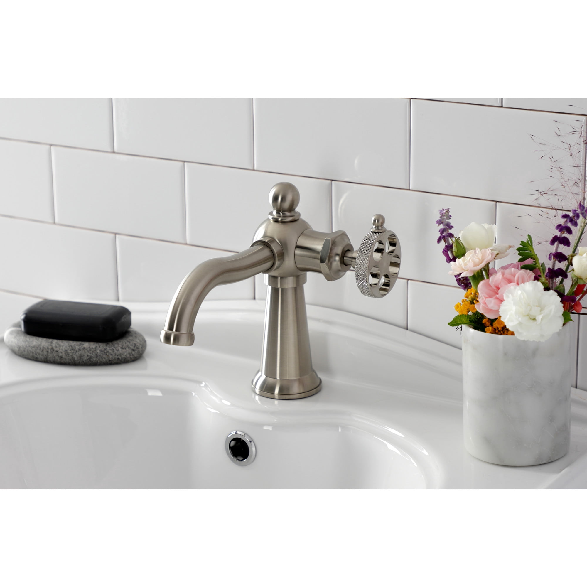 Kingston Brass KS3548RKX Webb One-Handle Single-Hole Bathroom Faucet with Knurled Handle and Push Pop-Up Drain, Brushed Nickel