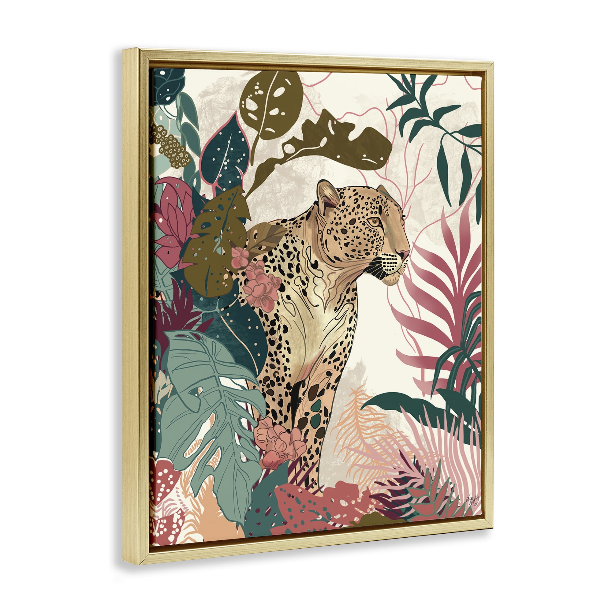 Stupell Industries Cheetah Tropical Leaf Pattern Animals & Insects Painting Gold Floater Framed Canvas Art Print Wall Art, 17 x 21