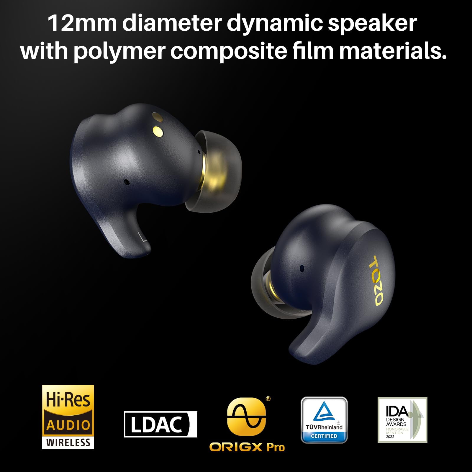 TOZO X1 Hybrid ANC+ENC Noise Cancelling Earbuds, JAS Hi-Res Certified, OrigX Pro+LDAC HD Audio, Balanced Armature+Hybrid Dynamic Driver, APP-32EQ, Wireless Charging, Support HSP HFP A2DP AVRCP, Black